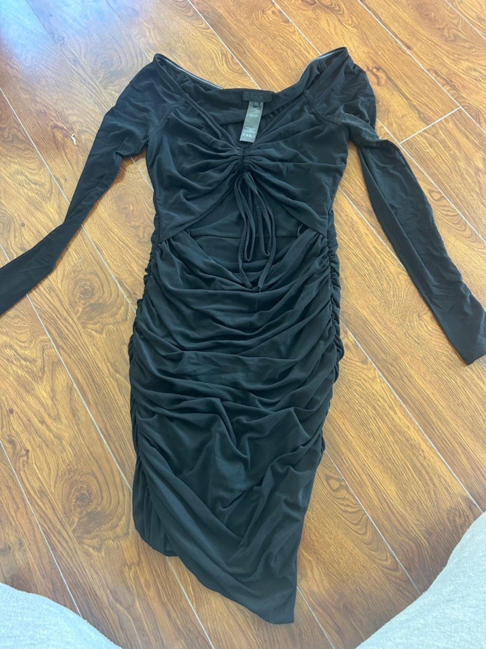 h:ours Black Ruched Long-Sleeve Tie-Front Dress